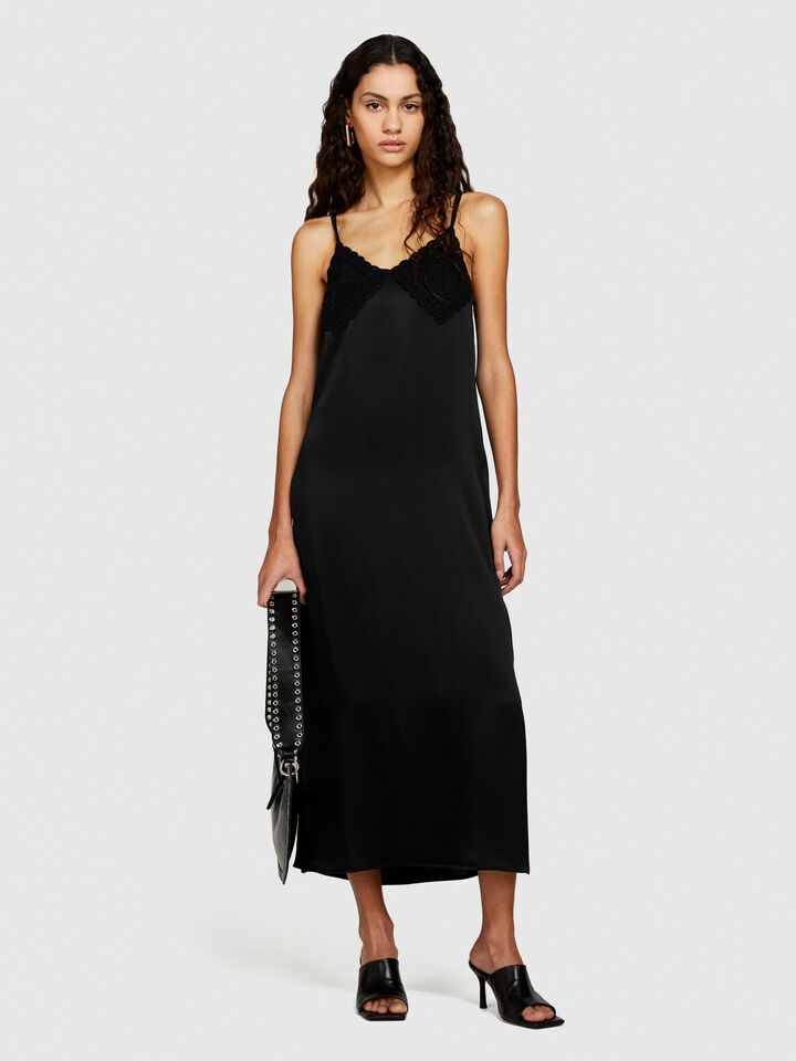 Satin dress with crochet - women's midi dresses - Black | Sisley image number 1